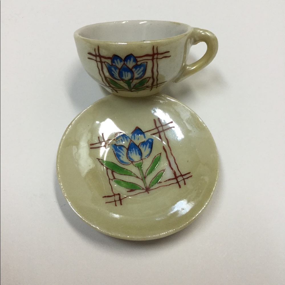 VINTAGE Tiny Teacup Saucer Set Porcelain Occupied Japan Blue Flowers